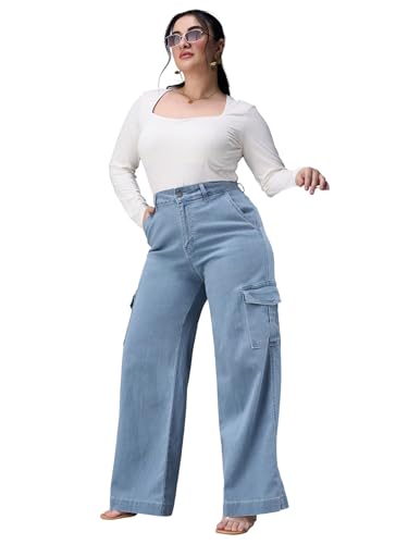Image of Miss Chase A+ Women's Wide-Leg High-Rise Regular-Length Stretchable Cargo Denim Jeans