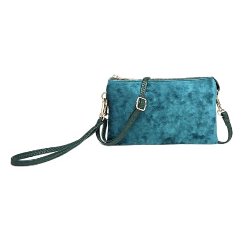 JEN & CO. Riley Green Velvet Crossbody Bag - Elegant Clutch Purse with Detachable Wristlet & Strap, Evening Purses for Women