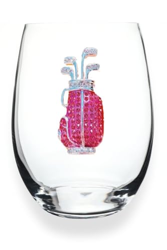 THE QUEENS' JEWELS Pink Golf Bag Jeweled Stemless Wine Glass, 21 oz. - Unique Gift for Women, Birthday, Cute, Fun, Not Painted, Decorated, Bling, Bedazzled, Rhinestone