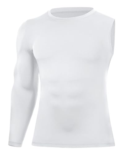 Runhit Men's Basketball One Arm Long Sleeve Compression Shirts 1/2 Single Arm Athletic Undershirt High Elastic Workout Base Layer Top White Right Long S