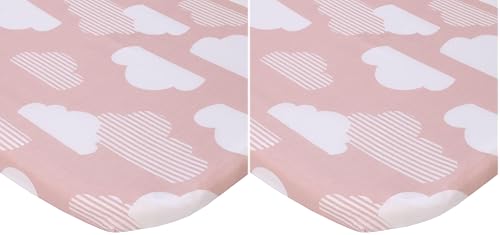 Image of NoJo Skip Hop Cozy-Up 2-in-1 Bedside Sleeper Pink and White Clouds 100% Cotton Fitted Bassinet Sheet (Pack of 2)
