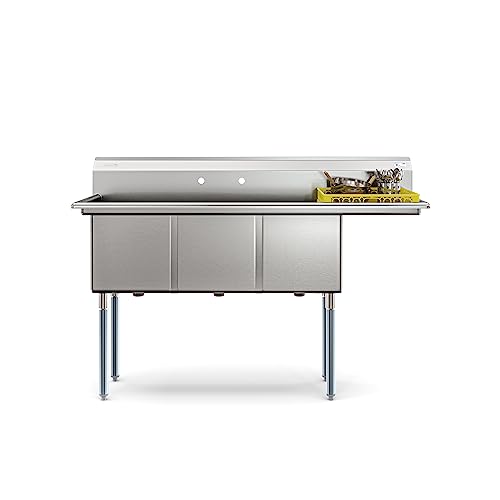 Image of KoolMore 63 in. Three Compartment 18-Gauge Stainless-Steel NSF Commercial Kitchen Sink, Bowl Size 15x15x14, with Three Basins and Pre-Drilled Faucet Holes for Restaurants and Cafes (KM-SC151514-15R3)