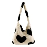 AXNSATRE Flauschige Tasche,Plüsch Handtasche Einkaufstaschen Stoff,Flauschige Tasche Mit Magnetschnalle,Kunstfell Aesthetic Taschen,Schultertasche Klein für Mädchen,Schule, Arbeit (Schwarzes Herz)