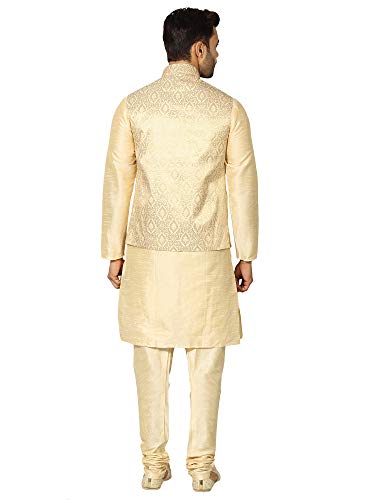 Image of Uri and MacKenzie Men's Silk Blend Regular Kurta Churidar Pyjama with Bundi Nehru Jacket /Waistcoat