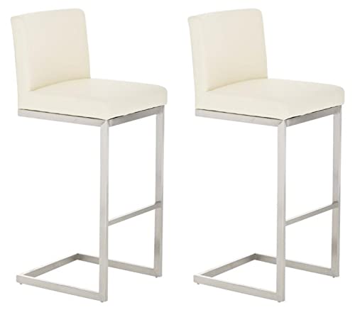 TPFLiving Paragon - Juego de 2 taburetes de bar con respaldo alto y reposapiés cómodo, estructura: metal y acero inoxidable, superficie de asiento: piel sintética y crema