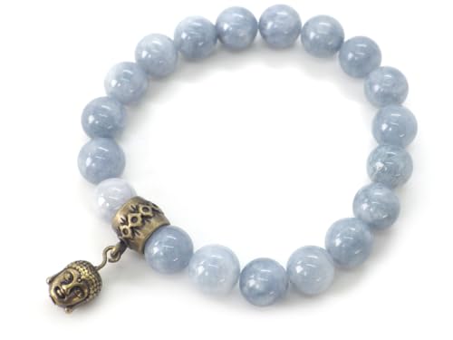 Bracelet quartz bleu naturel véritable perles 10 mm Bouddha laiton