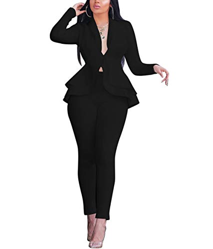 Blazers for Women Womens Jackets - Womens Two Piece Outfits Blazer Long Sleeve Business Blazers Jacket Ruff Hem Casual Pants Suits Party Clubwear Black