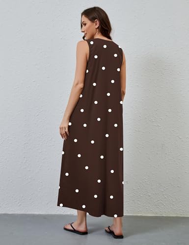 Image of OLAPTA Women Summer Sleeveless Maxi Dress Scoop Neck Ruched Loose Fit Casual Elegant Solid Vacation Long Dress with Pockets
