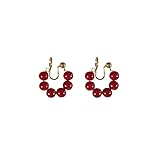 DIAMANTIO Pendientes de clip chapados en oro de 18 quilates para mujer, hechos a mano con perlas rojas burdeos, sin perforación, en forma de U, joyería de ajuste cómodo para invitados de boda, gala y