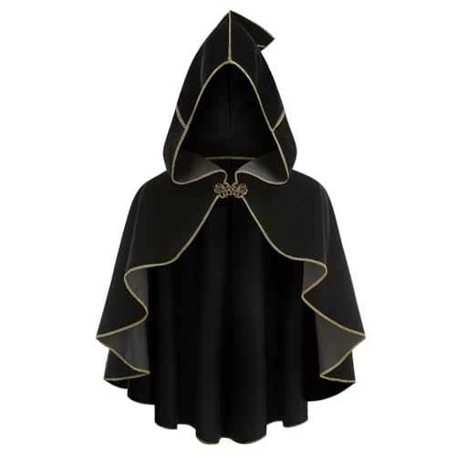 yolsun Medieval Short Hooded Cape for Women Renaissance Cowl Halloween Hooded Cloak Costume Unisex (Black 55CM)