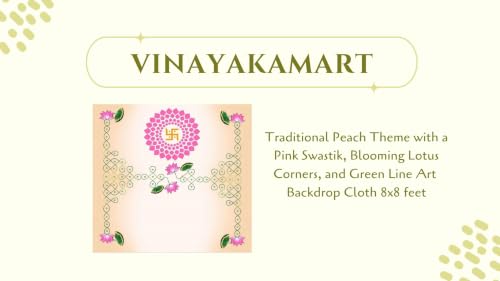 Image of Background Screen for Pooja Decoration | Traditional Peach Theme with a Pink Swastik, Blooming Lotus Corners, and Green Line Art Backdrop Cloth 8x8 feet | Lakshmi Pooja Background