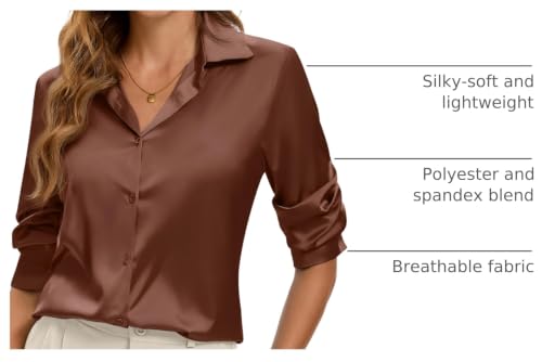 Image of Premium Soft Breathable Stretch Satin Silk Button Down Shirts for Women Long Sleeve Leopard Blouses Work Dress Tops