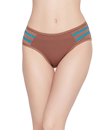 Image of Clovia Women's Cotton Mid Waist Hipster Panty with Powernet Panels & Pipings in Brown