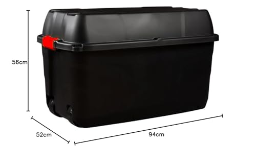 Strata Robuste Große Aufbewahrungsbox mit Deckel, 175 l, abschließbar, Innen- und Außenbereich, mit Rollen, schwarz mit roten Griffen
