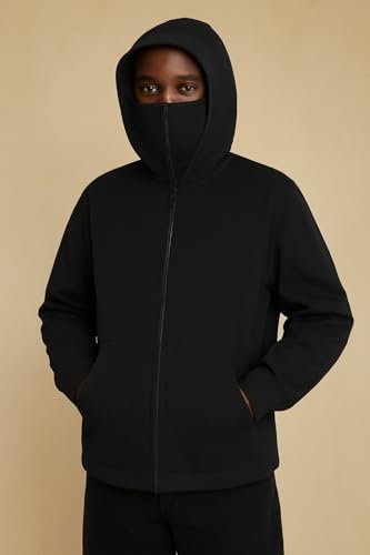 Image of Besick Trendy Solid Cotton Blend Full Balaclava Zipper Hoodie for Men