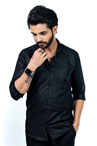 Image of HARPITA Men's Solid Regular Fit Cotton Casual Shirt with Spread Collar & Full Sleeves