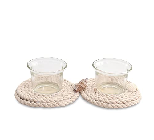 Maritime - Portavelas de cristal para 2 velas de té, soporte con base de sisal, portavelas de cristal, decoración para bodas, cumpleaños, Navidad Cover
