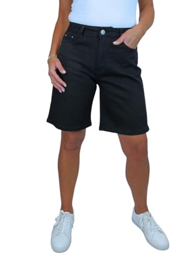 Paulo Due Womens Relaxed Fit Cotton Jean Shorts Above Knee Length Ladies High Waisted Stretch Shorts Black 10-20 (14)