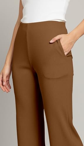Image of Mehrang High Waisted Wide Leg Ribbed Knit Trousers with Pockets | Casual and Stretchy Pants | for Women
