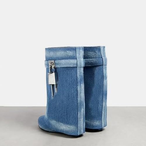 Image of keleimusi Fold Over Wedge Boots Heeled PadLock Pant Knee High Shoes Tall /Short Booties in Black