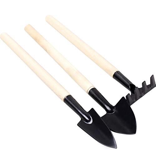 Sunnyflowk Long Handle Gardening Tools 3PCS/Set Gardening Mini Tool Wood Handle Metal Head Small Shovel Rake Spade (Black+Beige)
