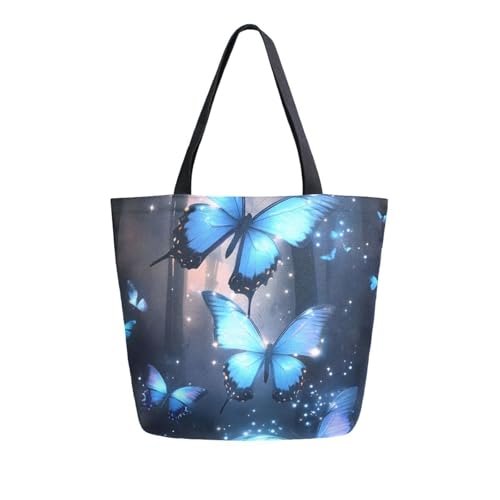 Extra Large Shoulder Tote Bag for Beach Travel Weekender Gym Blue Glowing Butterflies Forest Reusable Grocery Canvas Shopping Bag2