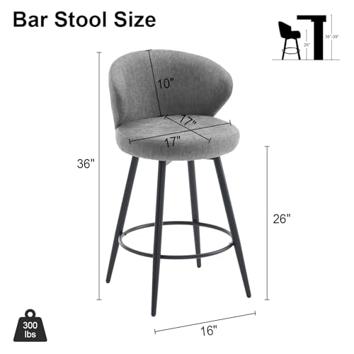 Image of 360 Swivel Modern Bar Stool Set of 2, 26 inch Upholstered Counter Height Bar Stools with Wingback, Soft Linen Fabric, Counter Chairs with Arm for Kitchen Island or Home Bar, Grey