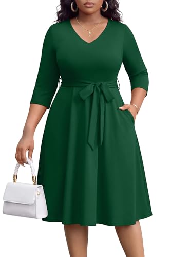 FANDEE Plus Size Midi Dresses for Women V Neck 3/4 Sleeve Pockets (XL-5XL)