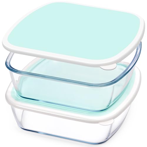 NUTRIUPS Glass Baking Dish with BPA Free Lids, Square Baking Pan, Glass Casserole Dish for Oven Dishwasher Safe, Baking Pan for Lasagna, Risotto (Green White Contrast, 2 Pack, 2.6L)