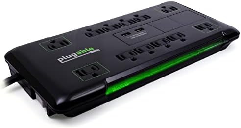 Plugable Surge Protector Power Strip with USB and 12 AC Outlets, Built-in 10.5W 2-Port USB Charger for Android, Apple iOS, and Windows Mobile Devices, 25 Foot Extension Cord