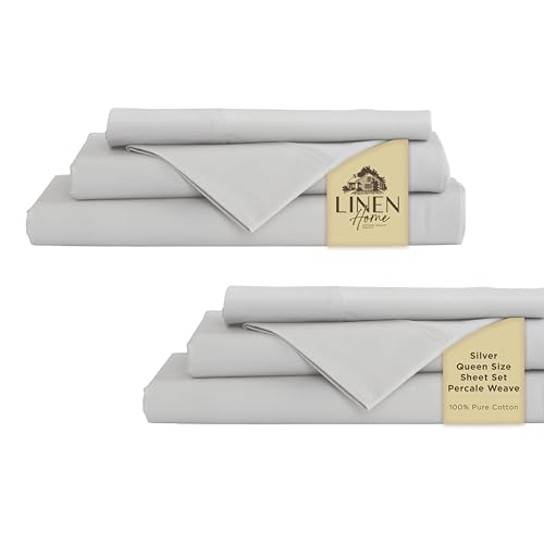 Image of Linen Home 2-Pack Queen Sheet Set, 100% Cotton Percale Bedding, 8-Piece Value Bundle, Deep Pocket Cooling Bed Sheets for Hot Sleepers, Breathable & Crisp Hotel Quality, Long-Staple Cotton, Silver