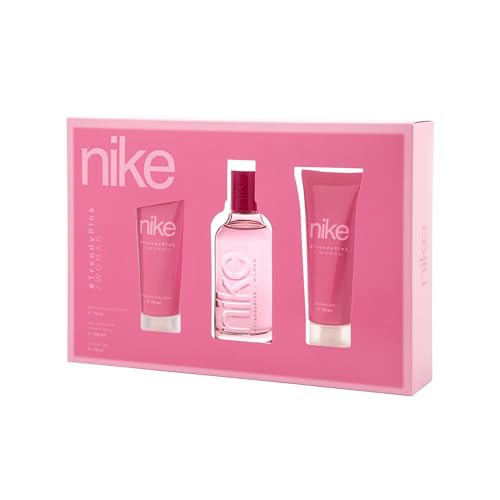 NIKE - Trendy Pink Colonia 100 ml + Gel de Baño 75 ml + Crema Corporal 75 ml, Estuche de Regalo Mujer, Eau de Toilette Natural y Femenina, Aroma Floral, Fragancia Fresca, Juvenil y de Larga Duración