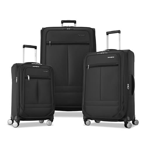 Image of Samsonite 3-PC Soft-Sided 21 /25 /29 inch (Carry-On, Medium, Large Checked), Lightweight Expandable Element Luggage Set: 2 Front & Side Pocket, Four Spinner Wheels, Adjustable Handle, Durable- Black