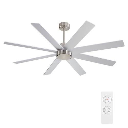 WINGBO 60" Large DC Ceiling Fans without Lights, 3 Downrods, 8 Plywood Blades, 6-Speeds Reversible DC Motor, Indoor Ceiling Fan No Lights for Bedroom Living Room Patio, Brushed Nickel and Silver by WINGBO - Used condition - US$174.99