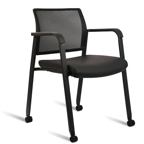 CLATINA Stacking Office Chair with Wheels, Mesh Back Waiting Room Guest Chairs with Arms Comfortable Leather Cushion Stackable Desk Chair for Conference Reception School Side Stationary, Black