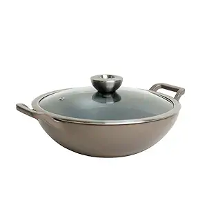 Meyer Enamel Cast Iron Kadai | Iron Kadhai with Lid | Iron Kadai Big Size for Cooking | Deep Kadhai Induction Base | Kadhai Heavy Bottom | Enameled Cast Iron Cookware, 26cm,Grey