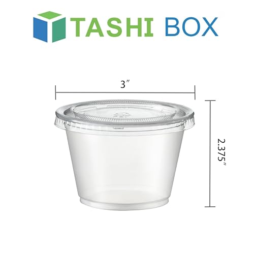 Image of TashiBox Plastic Portion Cups with Lids [5.5 oz-100 Sets] Souffle Cups, Jello Shot Cups, Condiment Sauce Containers For Sampling, Sauce, Snack or Dressing