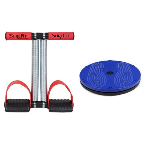 SUREFIT Combo of Double Spring Tummy Trimmer for Men & Women with Comfortable Foot Pedals + Twist Board for Abs, Waist & Leg Slimming β Home Gym Fitness Kit for Weight Loss, Core Workout & Body Shaping (MAROON)