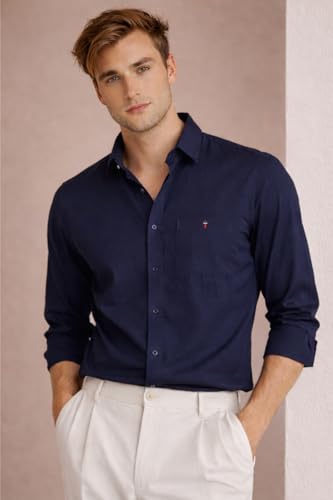Image of Louis Philippe Men's Cotton Slim Fit Premium Textured Fabric Versatile Solid Easy Care, All Season Adapability Full Sleeve Casual Shirt