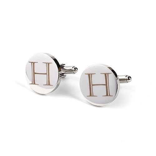 Image of Mens Initial Silver Cufflinks A-Z Alphabet Letter Steel Cuff Links with Engraved Walnut Wood Box Groom Groomsman Wedding Set