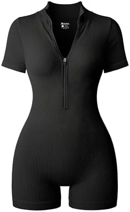 OQQ Women Rompers Casual Short Sleeve Zip Front Short Jumpsuits
