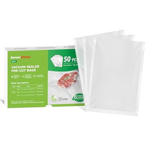 Bonsenkitchen Vacuum Sealer Bags, 50 Quart 8" x 12" Precut Food Sealer Bags, Commercial Grade, BPA Free, Heavy Duty, Customized Size Vacuum Bags for Vac Storage, Meal Prep or Sous Vide Cooking, VB12 Cover