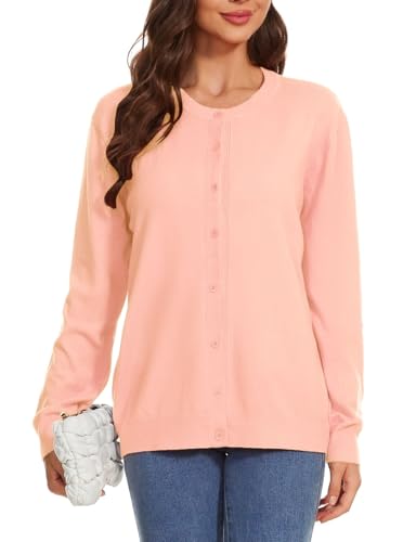 Image of Womens Cardigan Sweaters Basic Button Down Casual Dressy Classic Crewneck Long Sleeve Spring Outfits (S-2XL)