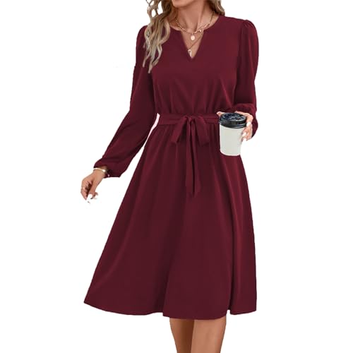 Yageshark Kleider für Damen Midikleid Langarm V-Ausschnitt Einfarbige Hemdkleid Elegant Casual Frauen Tunika Kleid (Wein,S)