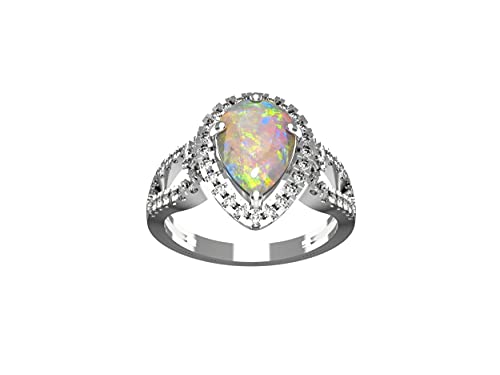 Dainty Opal Ring, 925 Sterling Silver Band Ring, Cz Diamond Ring, Genuine Pear Opal Jewelry, Stacking Ring, Bridesmaid Ring, Gift For Her (White-Gold, 4.25) #TOP21