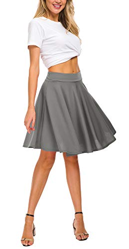 Exchic Women's Casual Stretchy Flared Mini Skater Skirt Basic A-Line Pleated Midi Skirt (M, Grey) #TOP1