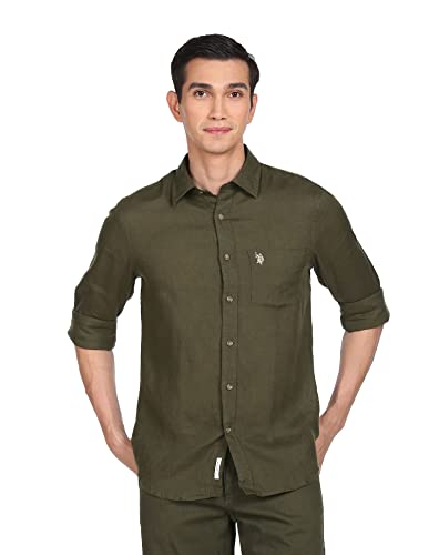 Image of U.S. Polo ASSN. Men's Solid Linen Tailored Fit Button Down Casual Shirt