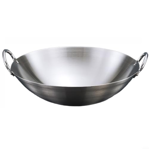 MIKMLYZE Wok de acero inoxidable 304, sartén de chef de doble mango sin revestimiento para estufa de gas, olla antiadherente sazonada natural para freír, estofar, hervir, freír profundamente 24 cm (24