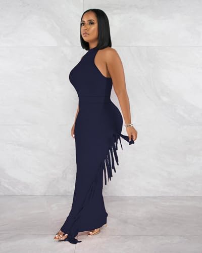 Image of 2 Piece Outfits for Women Sexy Halter Neck Sleeveless Crop Tops Ruched Bodycon Dresses Jumpsuits Fringe Skirt Sets