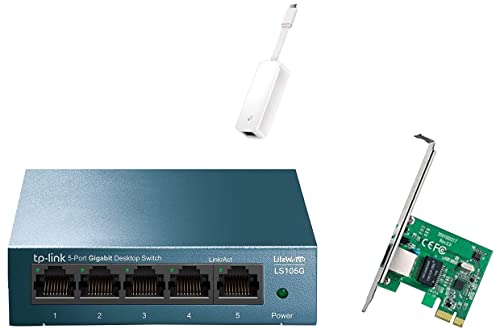 Image of TP-Link LS105G 5-Port Desktop /Wallmount Gigabit Ethernet Switch & TG-3468 Gigabit PCI Express Network Adapter - Green & TP-Link UE300 USB 3.0 to RJ45 Gigabit Ethernet Network Adapter - Plug and Play